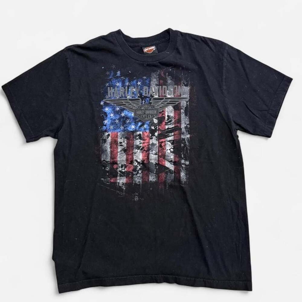 Harley-Davidson Graphic T-Shirt Large Black Lynchburg Tennessee American Flag